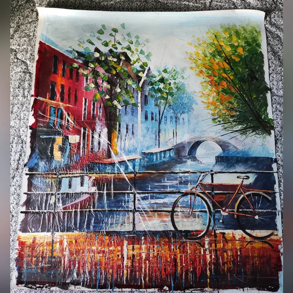 Bicycle in Amsterdam - Palette knife oil painting on canvas by Leonid Afremov - Picture 1 of 7